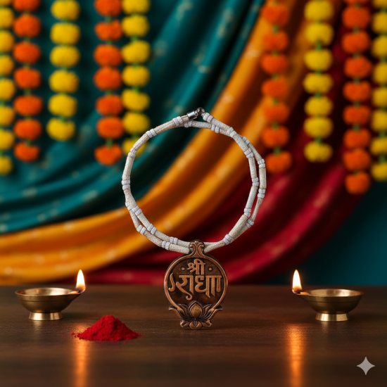 Shree Radha Tulsi Mala Or Holy Basil Necklace With Engraved Design Wooden Pendant Locket - Set Of 1