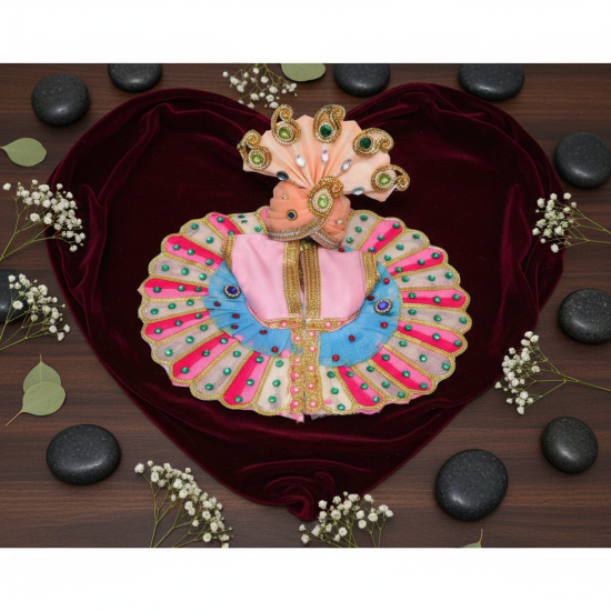 NOVELIKA-Laddu Gopal Poshak with Matching Beautiful Pink Cream  Pagdi  (Set of 1)