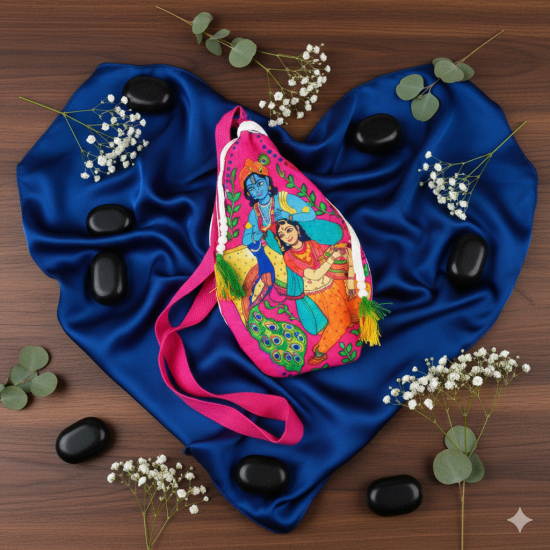 NOVELIKA-Cherry Red Radha Krishna Embroidered Chanting Bag /Japa Mala Bag With Sakshi Mala Counter (Paack of 1)