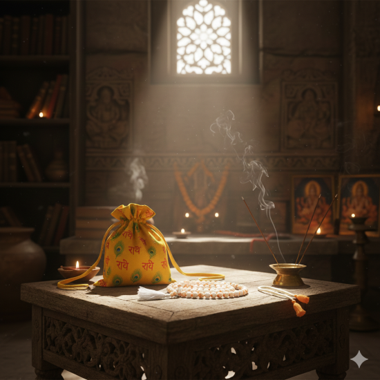 NOVELIKA-Yellow Bag- Radhe Radhe Printed Pure Cotton Gomukhi Japa Mala Bag With 108 + 1 Beads Japa Mala, Beads Bag Or Chanting Bag With Zip Pocket And Sakshi Mala Counter, Pack Of 1 