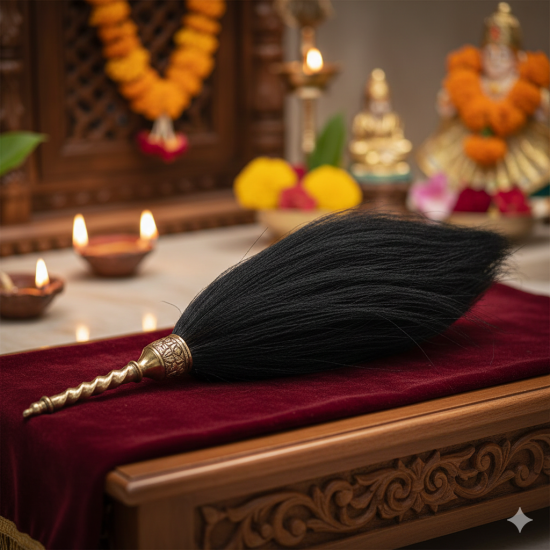 NOVELIKA-Sacred Black Chawar Sahib With Brass Handle -Elegant Fly Whisk For Spiritual Worship, Honor, And Ceremonial Rituals, Size: 18 Inches 