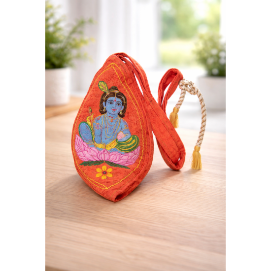 NOVELIKA-Pinkish Orange Sree Bal Gopal Embroidery Cotton Chanting Bag/Gomukhi Japa Bag With Sakshi Mala Counter(Pack of 1)