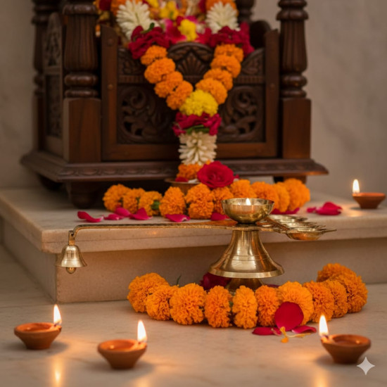 Novelika - Brass Traditional Panch Aarti Diya (Lamp) with a Handle(NA587)