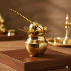 NOVELIKA - Golden Brass Puja Ghat/Mangal Kalash/Devi Ghat/Lota With Mango Five Leaves & Coconut Less (Pack of 1)