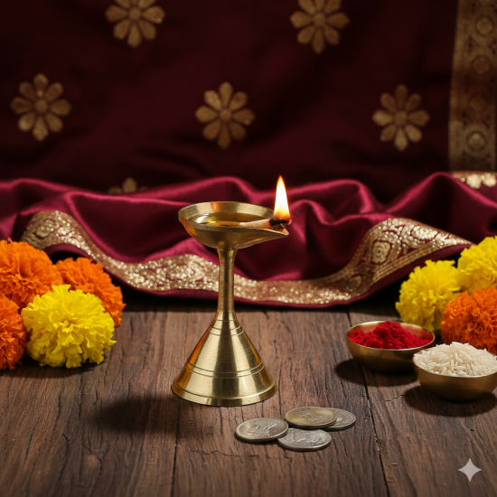 NOVELIKA - Golden Traditional Brass Stand Diya/Pradip For Puja ( Pack of 1 )