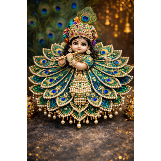 NOVELIKA - Laddu Gopal-Dress  Peacock Feather & Heavy Pearl Kalash inspired Design of  Bal Gopal Krishna ( Set of 5 )
