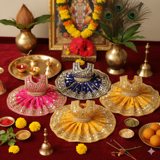 NOVELIKA - Laddu Gopal-Dress Multiple Layers in a Kalash and Peacock Feather-inspired Design (Set of 4 )