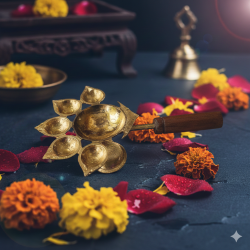 NOVELIKA -  Golden Panch Aarti Diya With Stand | Panchmukhi/Pancha Pradip For Puja | Brass (Pack Of 1) 