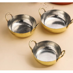 NOVELIKA- Set of Three Hammered Brass Kadhais with Handles(NA697)