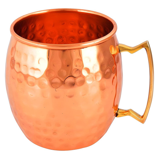 100% Pure Copper Hammered Round Shaped Moscow Mule Mug With Brass Handel  For-Yoga - Ayurveda-Beer Mug. ( Set Of 1 )