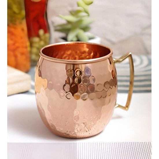 100% Pure Copper Hammered Round Shaped Moscow Mule Mug With Brass Handel  For-Yoga - Ayurveda-Beer Mug. ( Set Of 1 )