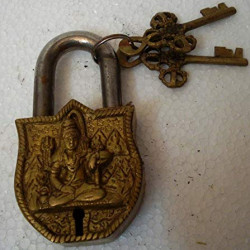 NOVELIKA-Handmade Brass Shiva Door Lock with Two Keys from Nepal, Door Lock, Vintage Door Locks, Vintage Looking pad Lock (Pack of 1 )