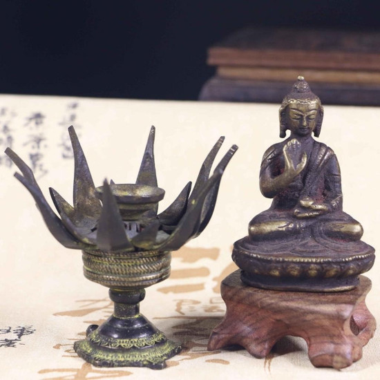 NOVELIKA -Vintage Brass Lotus Flower Decorative Candle or Dhoop Holder like a Lotus Flower, Often sitting on a Tortoise base.