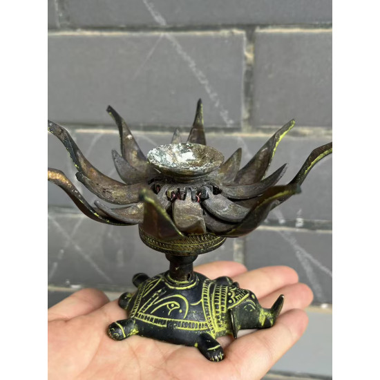 NOVELIKA -Brass Antique Candle Holder Incense Burner or Oil Lamp Designed to open and fold like a Lotus Flower, Often sitting on a Tortoise base.