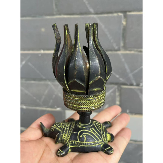 NOVELIKA -Brass Antique Candle Holder Incense Burner or Oil Lamp Designed to open and fold like a Lotus Flower, Often sitting on a Tortoise base.
