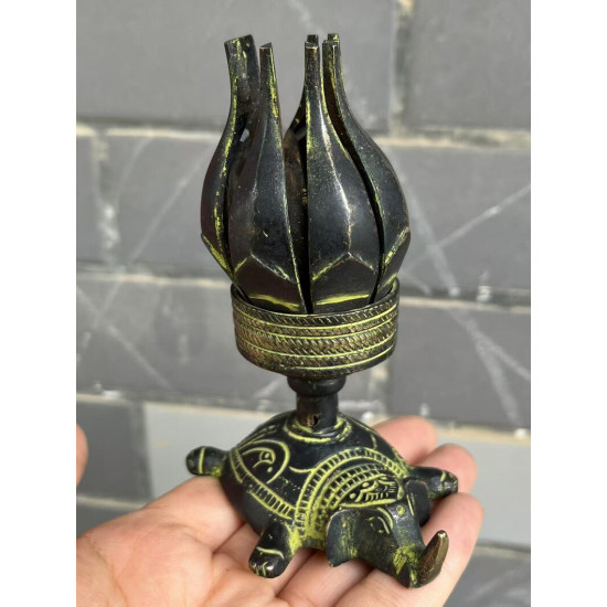 NOVELIKA -Brass Antique Candle Holder Incense Burner or Oil Lamp Designed to open and fold like a Lotus Flower, Often sitting on a Tortoise base.
