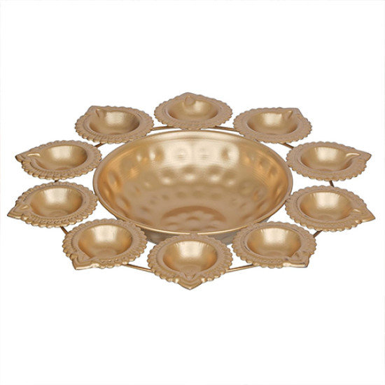 Novelika- Decorative Brass Diya Urli Bowl Set with 10 Diyas (NA550A)