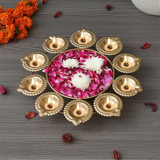 Novelika- Decorative Brass Diya Urli Bowl Set with 10 Diyas (NA550A)