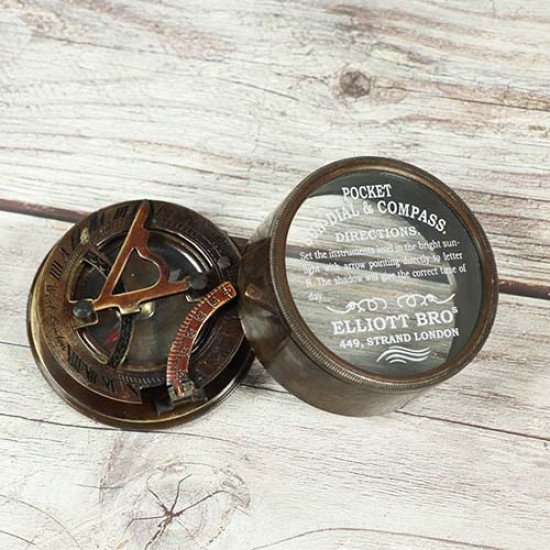 Antique Brass Sundial Compass Camping/Hiking Steampunk Accessory Multi-Function Metal Compass ELLIOTT BRO 499, STRAND LONDON