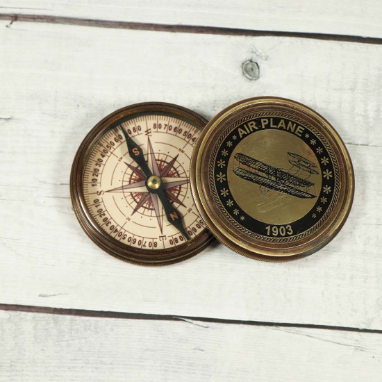 NOVELIKA -Vintage brass Marine Compass with AIR PLANE (1903)poem on lid. Camping and Hiking pocket brass compass.