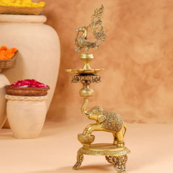 Novelika-  Brass Peacock Diya on Dancing Elephant(NA659)