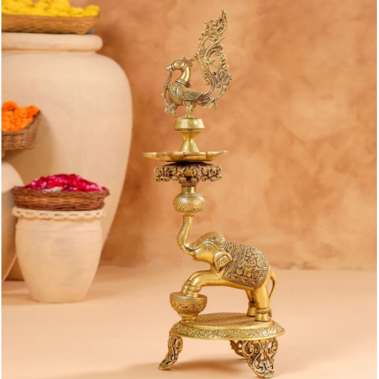 Novelika-  Brass Peacock Diya on Dancing Elephant(NA659)