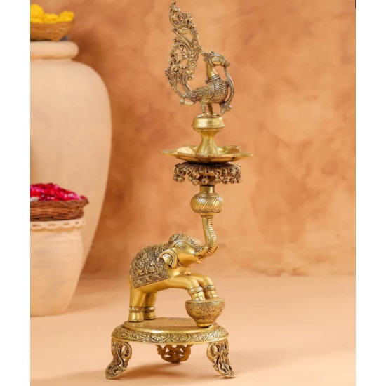 Novelika-  Brass Peacock Diya on Dancing Elephant(NA659)