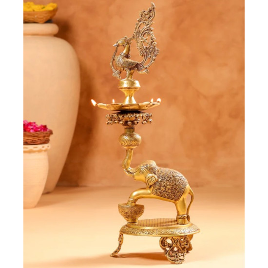Novelika-  Brass Peacock Diya on Dancing Elephant(NA659)