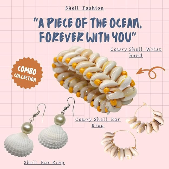 Novelika Handmade Seashell Bracelet, Cowry ear ring and White Shell Ear rings for Women