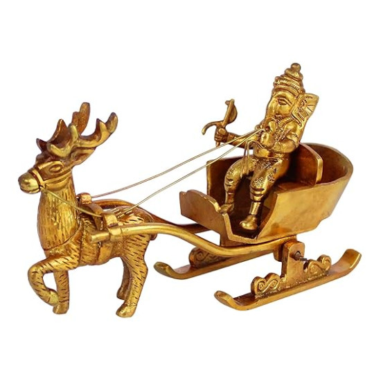 NOVELIKA-Brass Ganesha Statue As Santa Pulled by Deer Brass Ganesh Murti Showpiece (Pack of 1)
