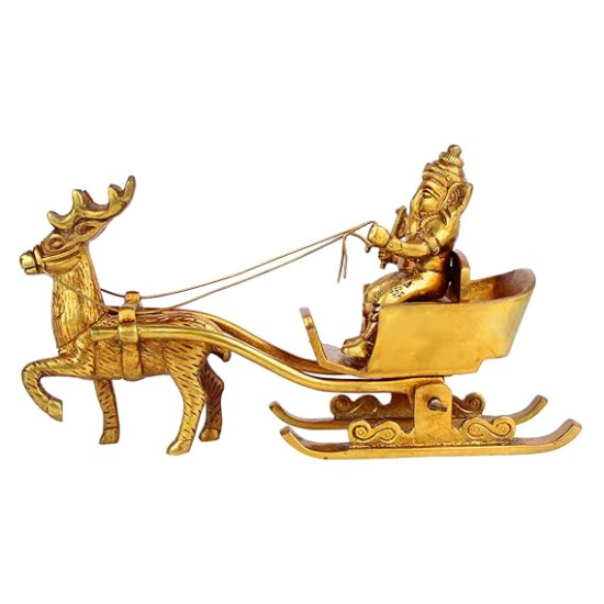 NOVELIKA-Brass Ganesha Statue As Santa Pulled by Deer Brass Ganesh Murti Showpiece (Pack of 1)