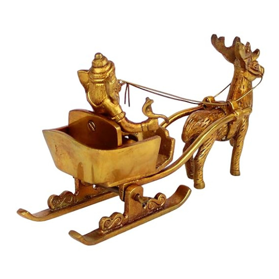 NOVELIKA-Brass Ganesha Statue As Santa Pulled by Deer Brass Ganesh Murti Showpiece (Pack of 1)