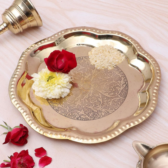 NOVELIKA -Carved Brass Puja Thali, Traditional Pooja Aarti Thali for Home Temple (Pack of 1)