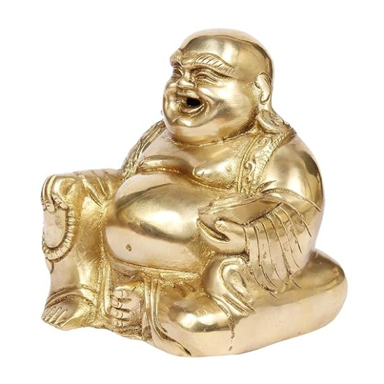 Laughing Buddha Sitting and Holding Ingot Statue for Wealth Prosperity Financial Luck, Home and Office Decor