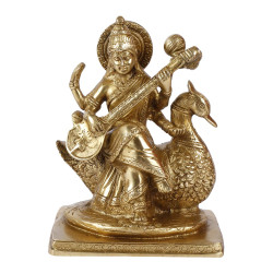 NOVELIKA-Brass Goddess Maa Saraswati Statue Sitting on Swan Education Study Vidya Devi (Set of 1)