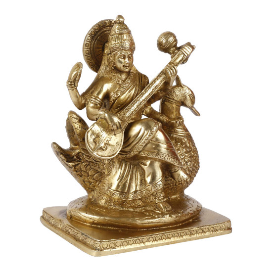 NOVELIKA-Brass Goddess Maa Saraswati Statue Sitting on Swan Education Study Vidya Devi (Set of 1)