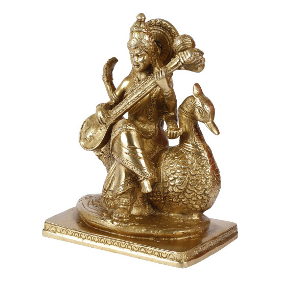 NOVELIKA-Brass Goddess Maa Saraswati Statue Sitting on Swan Education Study Vidya Devi (Set of 1)
