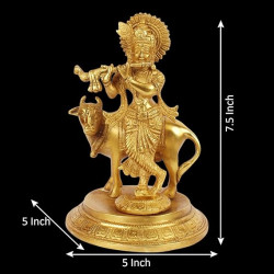 NOVELIKA-Brass Krishna Playing Flute with Cow Idol ( Pack of 1)