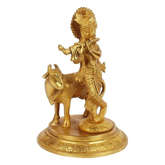 NOVELIKA-Brass Krishna Playing Flute with Cow Idol ( Pack of 1)