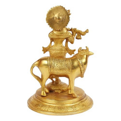 NOVELIKA-Brass Krishna Playing Flute with Cow Idol ( Pack of 1)