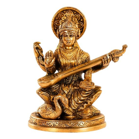 Maa Saraswati Idol Sitting on Hans Statue for Home and Office Decor