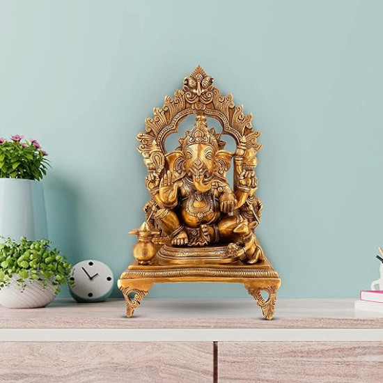 Lord Ganesha Sitting on Singhasan Statue for Home and Office Decor
