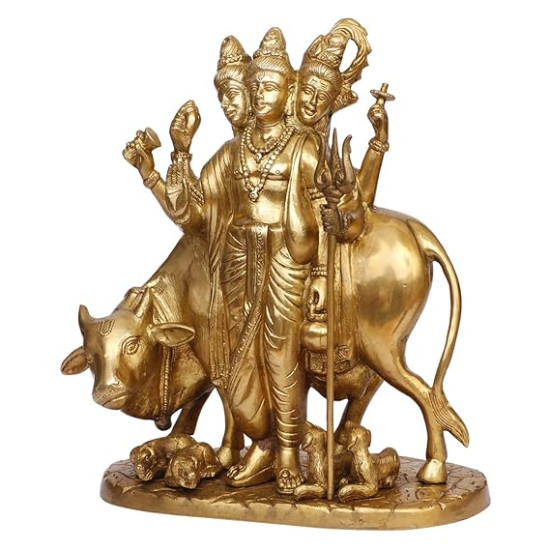 Lord Brahma Vishnu Mahesh Tridev with Auspicious Cow Statue for Home, Office and Temple Decor