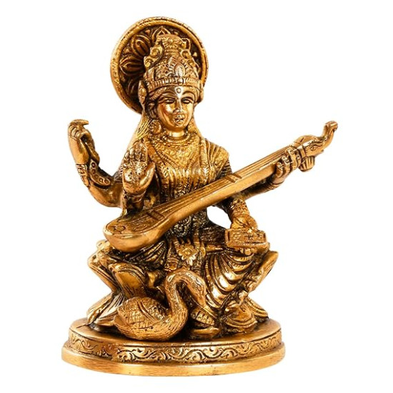 Maa Saraswati Idol Sitting on Hans Statue for Home and Office Decor