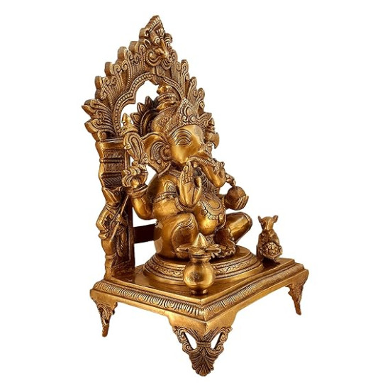 Lord Ganesha Sitting on Singhasan Statue for Home and Office Decor