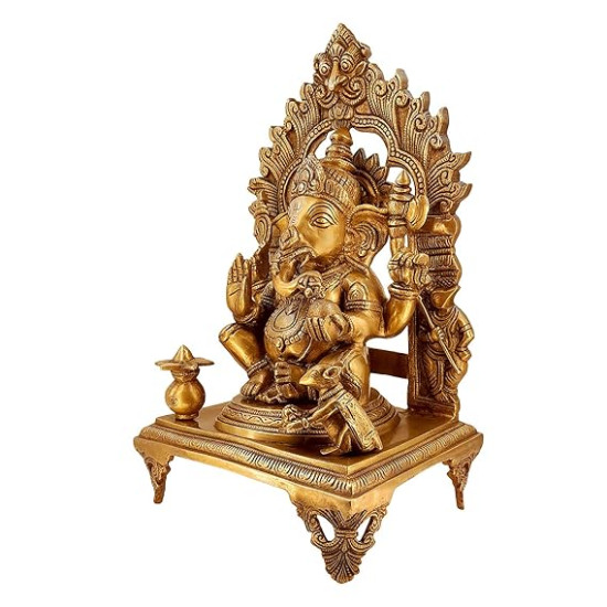 Lord Ganesha Sitting on Singhasan Statue for Home and Office Decor