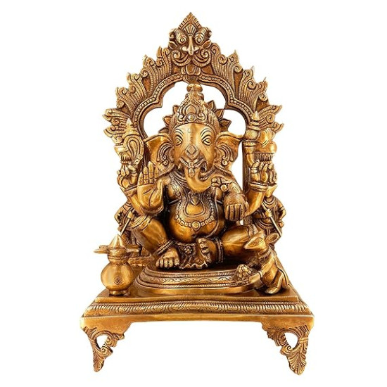 Lord Ganesha Sitting on Singhasan Statue for Home and Office Decor