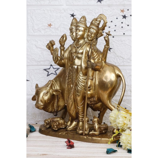 Lord Brahma Vishnu Mahesh Tridev with Auspicious Cow Statue for Home, Office and Temple Decor