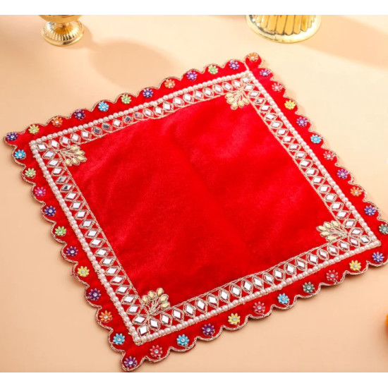 Novelika-Red Velvet Pooja Aasan with Intricate Mirror Work(NA616)