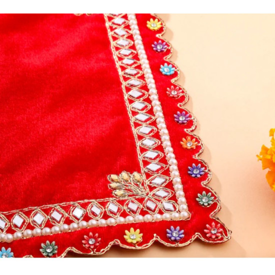 Novelika-Red Velvet Pooja Aasan with Intricate Mirror Work(NA616)